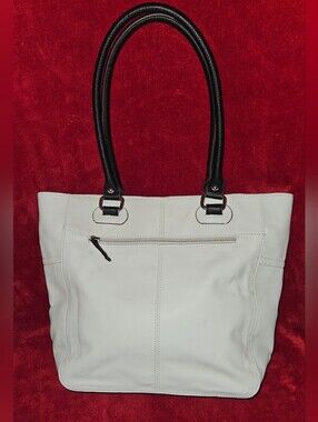 Tignanello Perfect Pockets White Pebble Leather w/Black Handles Tote Bag